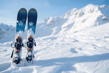 Wall Mural - Skis sit on top of snowy slope, ready for use