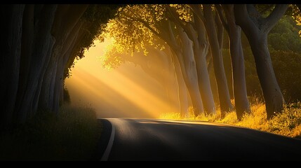 Wall Mural - sun shining through trees along road, in forest