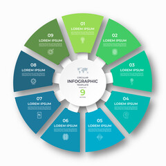 Wall Mural - Vector infographic circular template divided into 9 sections, parts. Cycle diagram with 9 options. 9-step round chart. Suitable for use in presentations, reports, visualizing data, marketing materials