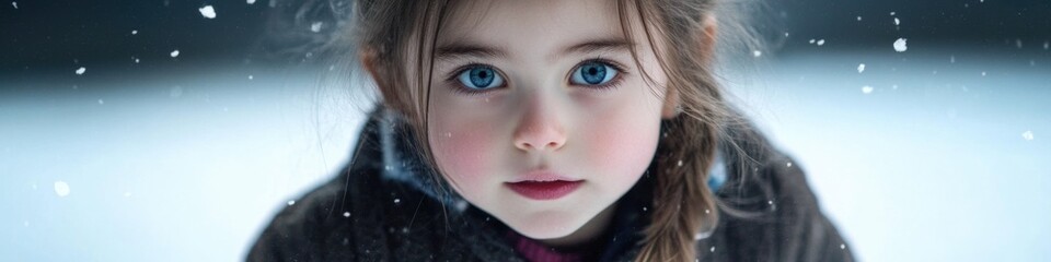 Wall Mural - A young child with bright blue eyes stands outside in the snowy weather