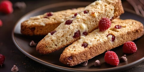 Wall Mural - A plate of freshly baked cookies with raspberries and chocolate chips, perfect for a snack or dessert