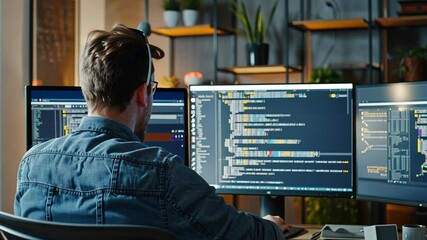 Programmer Working Late Coding on Triple Monitors Modern Home Office