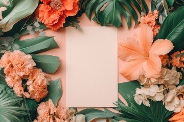 Wall Mural - Creative Flat Lay of Vibrant Flowers and Leaves Forming a Frame Around Blank Paper on Pastel Pink Background