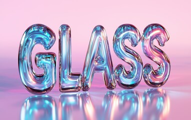 Wall Mural - of the word GLASS made from transparent and reflective glass, on a pastel background