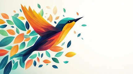 Wall Mural - bird flying with leaves against blue sky on white background