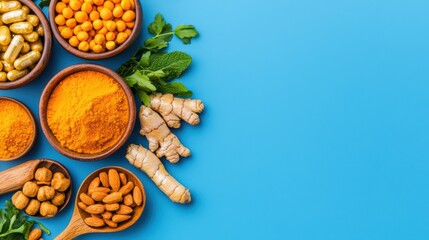 Wall Mural - Colorful Bowls of Spices and Herbs on Blue Background