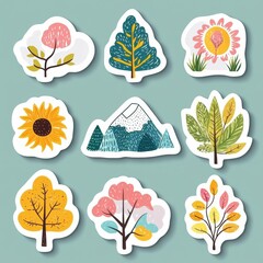 Poster - Colorful collection of nature themed stickers featuring flowers, trees, and mountains set on a green background. Generative AI