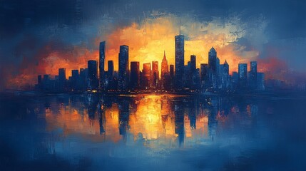 Poster - A Cityscape's Golden Embrace: An Impasto Masterpiece of Urban Reflections at Sunset, Capturing the Vibrant Energy and Tranquil Beauty of a Modern Metropolis.