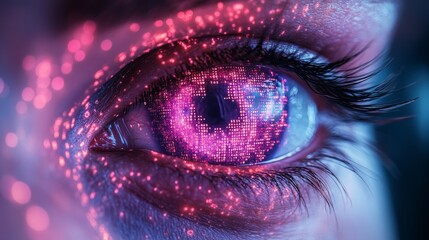 Fototapete - A Close-Up of a Human Eye with Binary Code and Pink Glowing Particles Overlaid, Representing Digital Transformation and Technological Advancement in Modern Society.