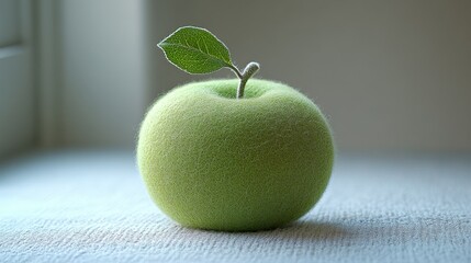 Fototapete - A Delicate Green Felt Apple with a Single Leaf: A Still Life Photography Masterpiece