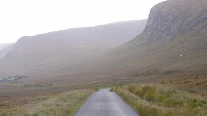 Wall Mural - Glenveagh National Park in Donegal Ireland - A winding road meanders through a misty mountainous landscape, showcasing natures captivating beauty