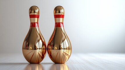 Poster - A Pair of Luxurious Gold Bowling Pins with Red Accents Reflecting Light on a Pristine White Surface.