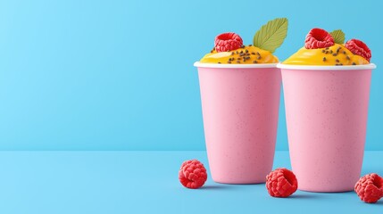 Wall Mural - Colorful Raspberry Mango Smoothies in Pink Cups on Blue Background