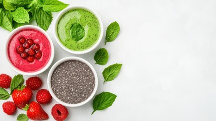 Wall Mural - Colorful Smoothies and Chia Seeds with Fresh Mint and Berries