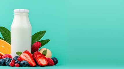 Wall Mural - Fresh Milk Bottle Surrounded by Colorful Fruits on a Bright Background