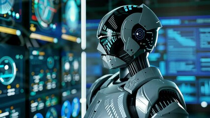 Advanced Robot Monitoring Futuristic Data Center Screens AI Technology
