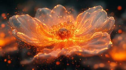 Fototapete - Igniting Beauty: A Fiery, Glittering Flower in a Dark, Dreamlike Landscape