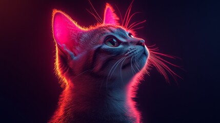 Poster - Neon Kitten: A Cyberpunk-Style Portrait of a Tabby Cat Gazing into the Digital Twilight, Bathed in Vivid Pink and Red Hues.
