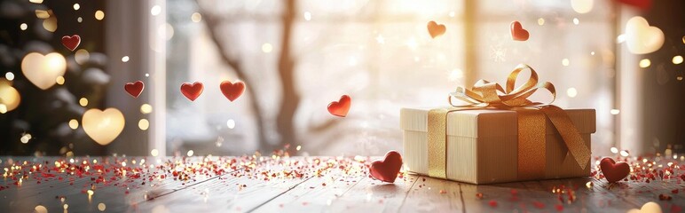 Wall Mural - Romantic mockup background with space for text decorated with heart-shaped confetti, a golden gift box, and glowing fairy lights for Saint Valentines Day and 8 March International Womens Day