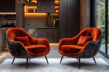 Stylish modern living room with two velvet chairs and warm lighting in a contemporary design setting