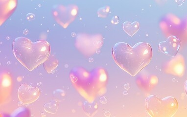 Wall Mural - Romantic mockup background with space for text featuring softly glowing pastel heart bubbles floating against a dreamy gradient sky for Saint Valentines Day and 8 March International Womens Day