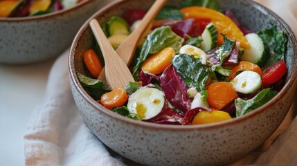 Wall Mural - Fresh greens and vegetables served with natural utensils on a table