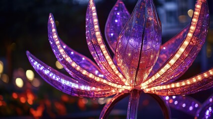 Sticker - A single purple flower is illuminated by external lighting, situated outside a modern building