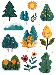 Aufkleber - Colorful nature stickers featuring trees, mountains, and flowers in various styles and shades for creative projects. Generative AI