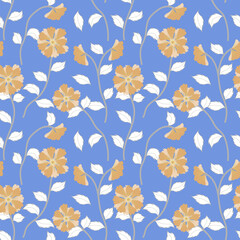 Poster -  Vintage yellow flowers with leaves seamless pattern on a light background in English style. Fashionable luxury vector illustration for fabric, linen, packaging, print.