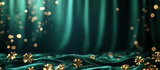 Wall Mural - Ultra-modern mockup background with a dark emerald velvet surface, golden shamrocks, and soft glowing highlights for a premium Saint Patricks Day theme