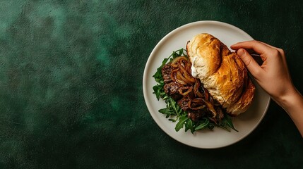 Wall Mural -   A close-up photo captures a plate of food with a person holding a slice of bread topped with meat and veggies