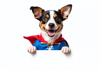 Wall Mural - happy pup super suit wears dog food empty white banner isolated white background small jack russell terrier