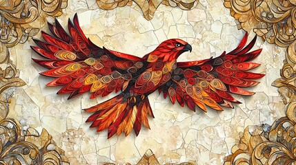 Wall Mural - Red hawk paper art mosaic, ornate frame