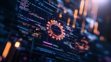 Digital technology concept with glowing gear wheel and programming code on dark background with orange light effects. Ideal for software development themes.