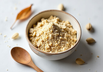 Wall Mural - hemp protein sits bowl dried leaves crisp white