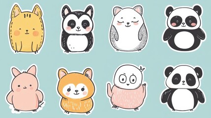 Poster - Cute cartoon animal stickers featuring various adorable designs on a light blue background. Generative AI