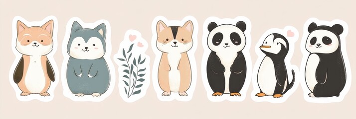 Poster - Collection of adorable animal stickers featuring cute designs of a fox, cat, panda, penguin, and more in various colors. Generative AI