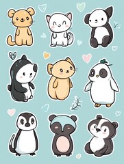 Poster - Colorful and cute animal stickers featuring bears, cats, and pandas for creativity and decoration. Generative AI