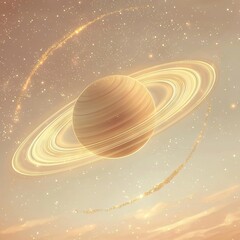 Wall Mural -   An artist's depiction of Saturn and its rings against a backdrop of stars and a foreground star trail