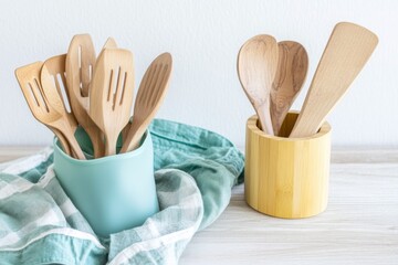 Wall Mural - A set of wooden utensils placed in a blue cup on a table