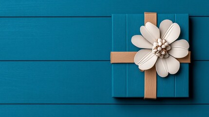 Teal Gift Box with Floral Accent: A sophisticated teal gift box adorned with a delicate off-white paper flower and a natural-toned ribbon sits on a rich teal wood background.