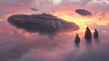 Wall Mural - figures await spaceship arrival amidst sunset cloudscape, futuristic artwork