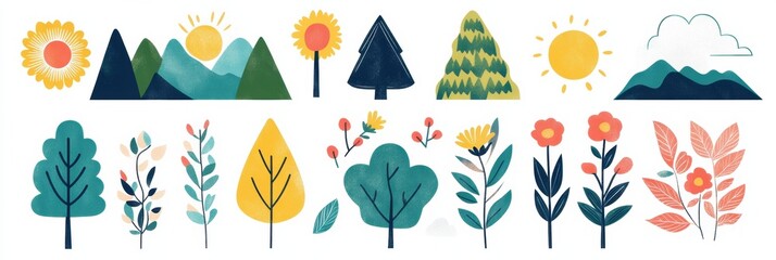 Poster - Colorful collection of nature themed stickers featuring flowers, trees, and mountains designed for creative projects. Generative AI
