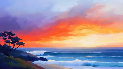 Wall Mural - sunset, ocean, lone tree on cliff