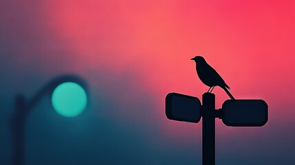 Sticker -   Black bird perched on traffic light against pink and blue sky