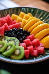 Colorful fruit arrangement in a bowl, perfect for food styling or illustration