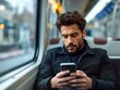 © SOANDLI - Stylish man in a black coat sitting on a train, scrolling on his phone. Business traveler, technology, digital lifestyle, urban commuting, serious expression.