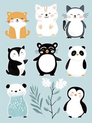 Poster - Colorful collection of animal stickers featuring cats, penguins, and bears on a soft background. Generative AI