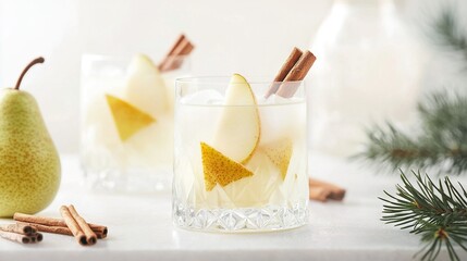 Wall Mural -   Two pears and cinnamon sticks in a glass, with a pear next to it and a cinnamon stick protruding from the side