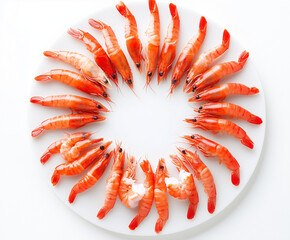 Sticker -  fresh, cooked shrimp with their shells on, arranged on a clean white surface.